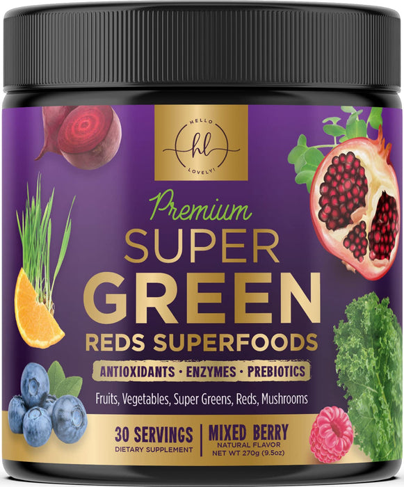 Greens Powder Superfood Supplement - Super Green Smoothie Mix Blend with Spirulina, Wheat Grass, Chlorella, Beets, Digestive Enzymes, Antioxidants - Vegan, Non-GMO, Natural Berry Flavor - 30 Servings