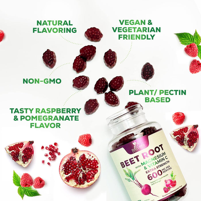 Beet Root Soft Chews with Beetroot - Energy & Heart Health Support Supplement, Supports Nitric Oxide Production, Vegan, Non-GMO, Superfood Beets Root Gummies - Pomegranate Raspberry Flavor - 60 Count