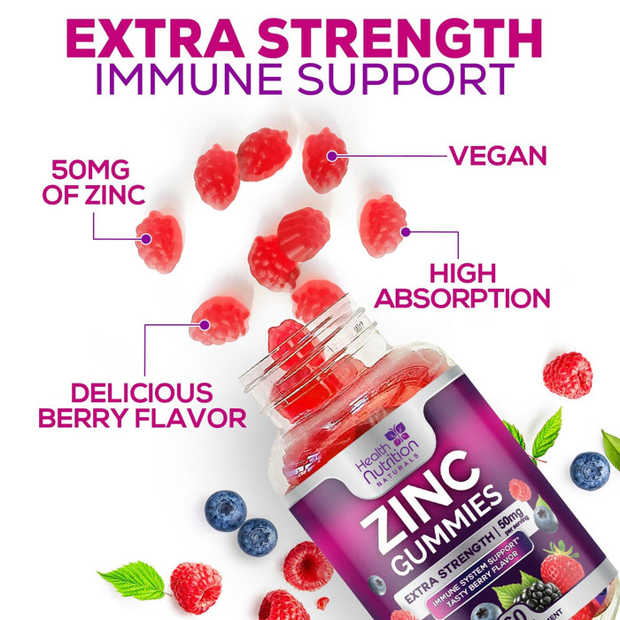 Zinc Gummies 50mg, Max Strength Immune Support for Adults, Zinc Supplement Gummy for Beautiful Skin & Immune Health Support, Nature’s Antioxidant Zinc Supplements, Vegan, Non-GMO - 60 Gummies