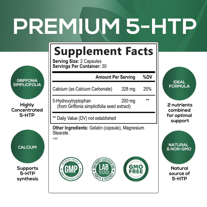 5 HTP Supplement Capsules 200 mg 5HTP Plus Calcium for Brain Support - Extra Strength 5-HTP - 5 Hydroxytryptophan - Premium, Natural, Gluten Free, and Non-GMO