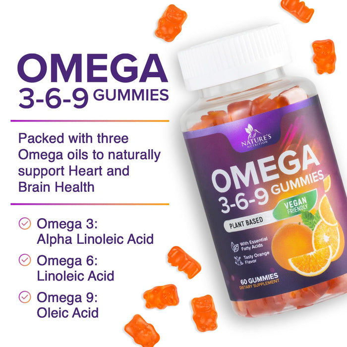 Omega 3 6 9 Vegan Gummies - Triple Strength Omega 3 Supplement Essential Oil Gummy - Supports Heart, Brain & Immune Health for Women, Men, Kids, & Pregnant Women, Non-GMO, Orange Flavor