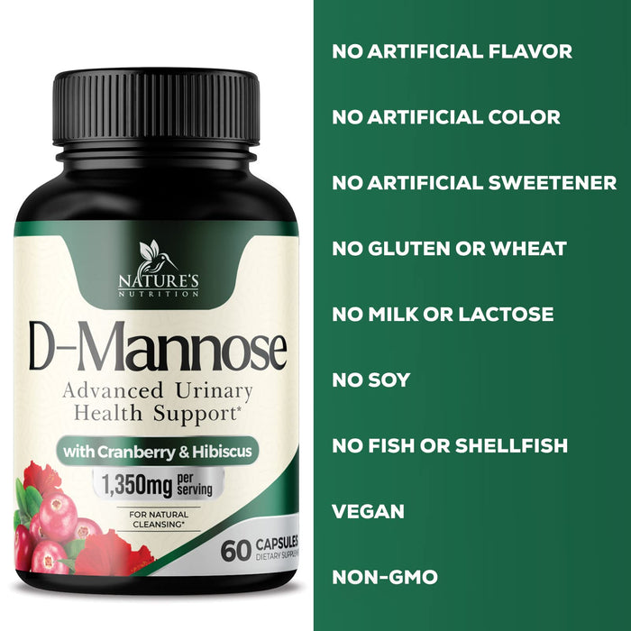 D-Mannose & Cranberry Extract 1350mg Advanced Formula, Fast-Acting Natural Urinary Tract Health Support for Women & Men, Flush Impurities in Urinary Tract & Bladder, Non-GMO, Vegan