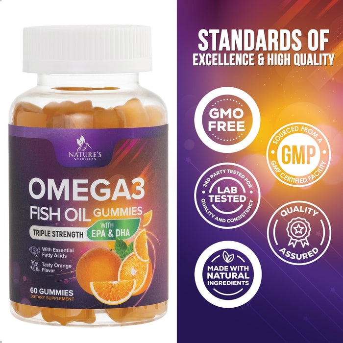 Omega 3 Fish Oil Gummies for Adults, Heart Healthy Omega 3 Supplement Gummies with DHA & EPA, Extra Strength Joint & Brain Support Omega3 Fish Oil Gummy Vitamin, Orange Flavor - 60 Fish Oil Gummies