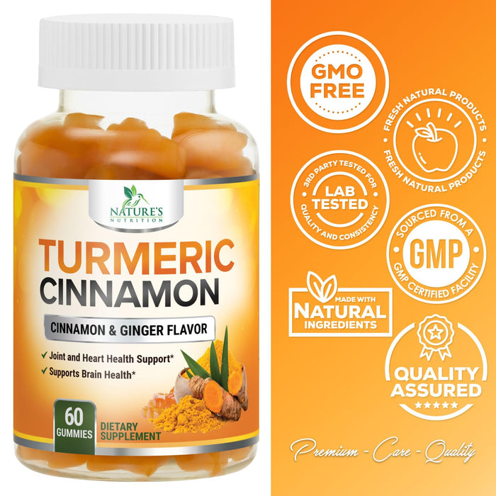Turmeric Curcumin with Cinnamon & Ginger Gummies 95% Curcuminoids Black Pepper for Max Absorption Joint Support, Nature's Tumeric Herbal Extract Supplement Gummy Capsules, Vegan, Non-GMO - 60 Gummies