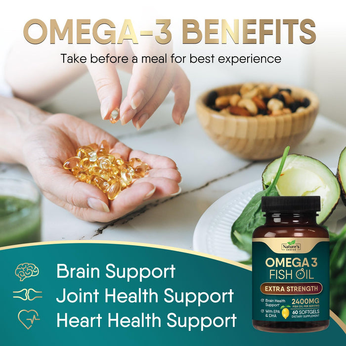 Triple Strength Omega 3 Fish Oil 2400 mg Softgels, Nature's Fish Oil Supplements, Brain & Heart Health Support - EPA & DHA, 1200 MG Fish Oil in Each Softgel, Omega-3 Supplement Softgels