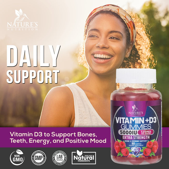Vitamin D3 Gummies 5,000 IU Extra Strength 125 mcg D3 Supplement Gummy - Support Natural Bone, Muscle, & Immune Health - Gluten Free - Non-GMO - Nature's Raspberry Flavor