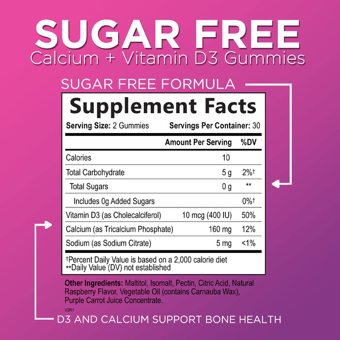 Sugar Free Calcium Gummy with 400 IU of Vitamin D3, Immune Support & Supports Bone Health, Calcium Chews, Natureâ€™s Dietary Nutrition Vegan Calcium D Supplement, Non-GMO, Raspberry Flavor