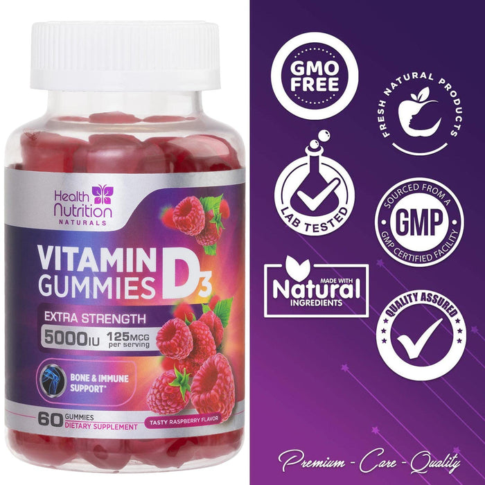 Vitamin D3 Gummies 5000IU (125mcg), Vitamin D Gummy for Immune Health Support, Delicious Raspberry Flavor, Gluten Free Vegetarian GMO-Free Chewable - Bone Support for Adults, Men, Women