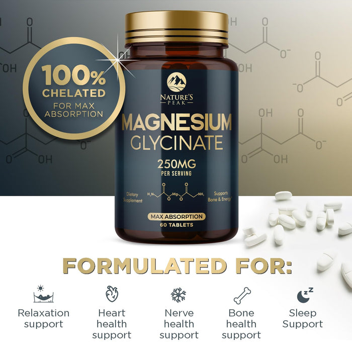 Magnesium Glycinate 250mg - 100% Chelated for Max Absorption, Magnesium Capsules for Bone, Muscle & Heart Health Support