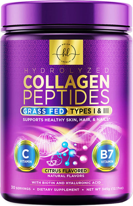 Hello Lovely! Collagen Peptides Powder, Grass-Fed Hydrolyzed Collagen Powder for Women Type I & III, w/Hyaluronic Acid & Biotin, Hair, Skin, Nails & Joint Support, Collagen Supplement - 30 Servings