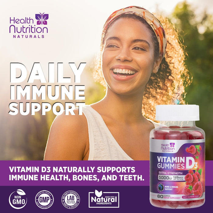 Vitamin D3 Gummy Extra Strength 5000 IU (125 mcg) High Potency Dietary Supplement for Bone, Teeth, Muscle & Immune Health Support, Nature's Vitamin D Supplement, Non-GMO