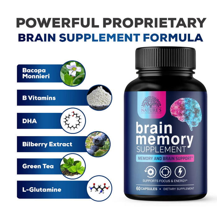 Nootropic Brain Supplements Focus Memory Supplement Pills - Mental Support & Concentration - Brain Health & Energy with B Vitamins, Phosphatidylserine, Nature's Vitamins for Men & Women - 60 Capsules