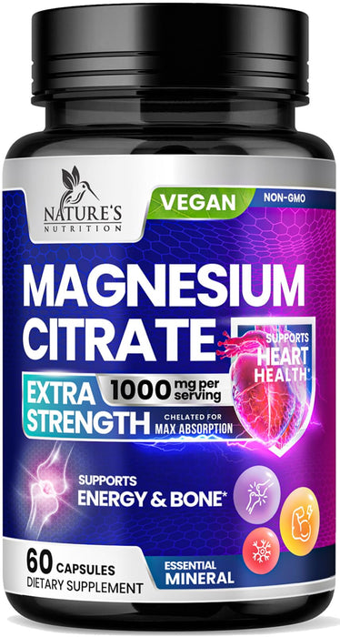 Magnesium Citrate Extra Strength 1000mg - Chelated for Max Absorption, Magnesium Capsules for Bone, Muscle & Heart Health Support, Magnesium Citrate Supplement