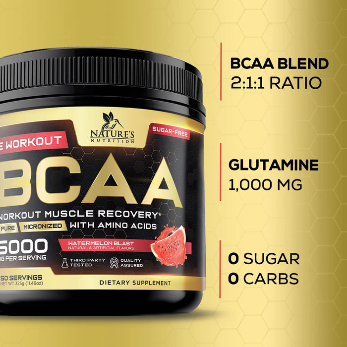 BCAA Powder - Post Workout Muscle Recovery Support Supplement, Pre Workout Energy 2:1:1 with Essential Amino Acids, Keto, Sugar-Free, 4g BCAAs plus 1g Glutamine per Serving, Watermelon - 50 Servings