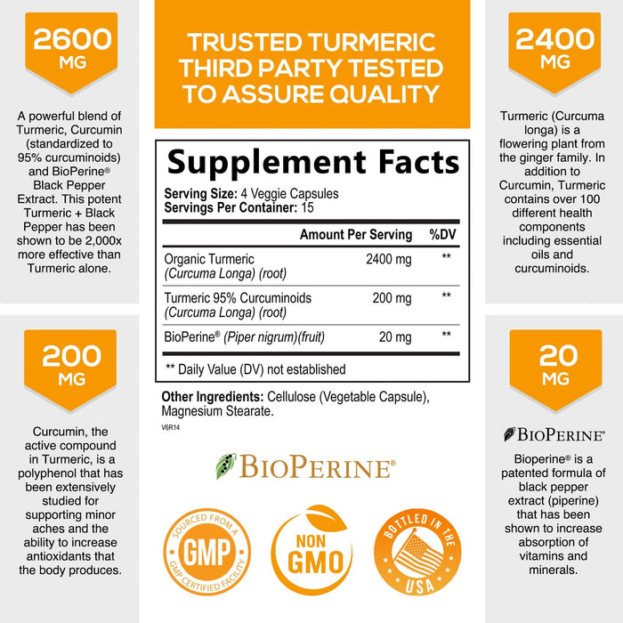 Turmeric Curcumin Supplement with BioPerine 95% Standardized Curcuminoids 2600mg - Black Pepper for Max Absorption, Vegan Joint Support, Nature's Tumeric Herbal Extract Vegan Non-GMO