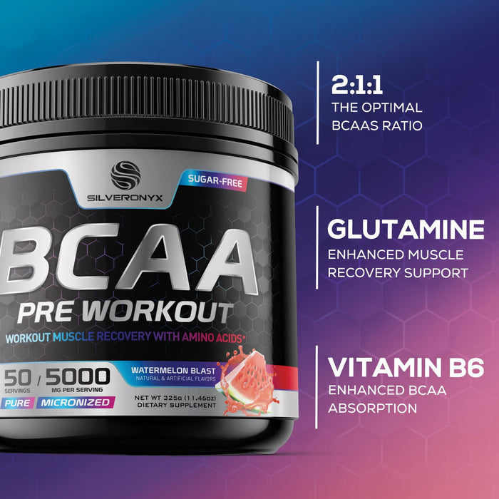 BCAA Powder Watermelon | Post Workout Muscle Recovery Support Drink for Hydration | Sugar Free BCAAs Amino Acids Powder | Pre Workout Energy Branched Chain Amino Acids Sport Drink Mix | 50 Servings