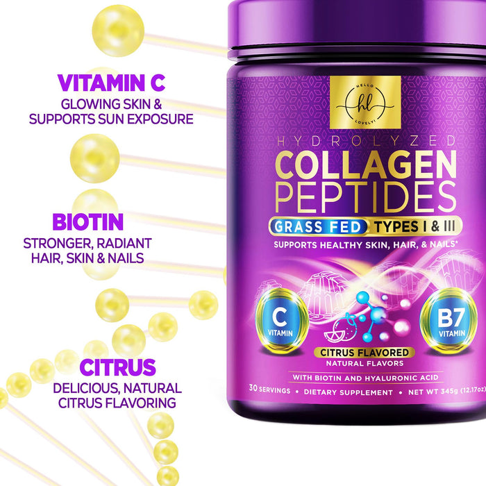 Hello Lovely! Collagen Peptides Powder, Grass-Fed Hydrolyzed Collagen Powder for Women Type I & III, w/Hyaluronic Acid & Biotin, Hair, Skin, Nails & Joint Support, Collagen Supplement - 30 Servings