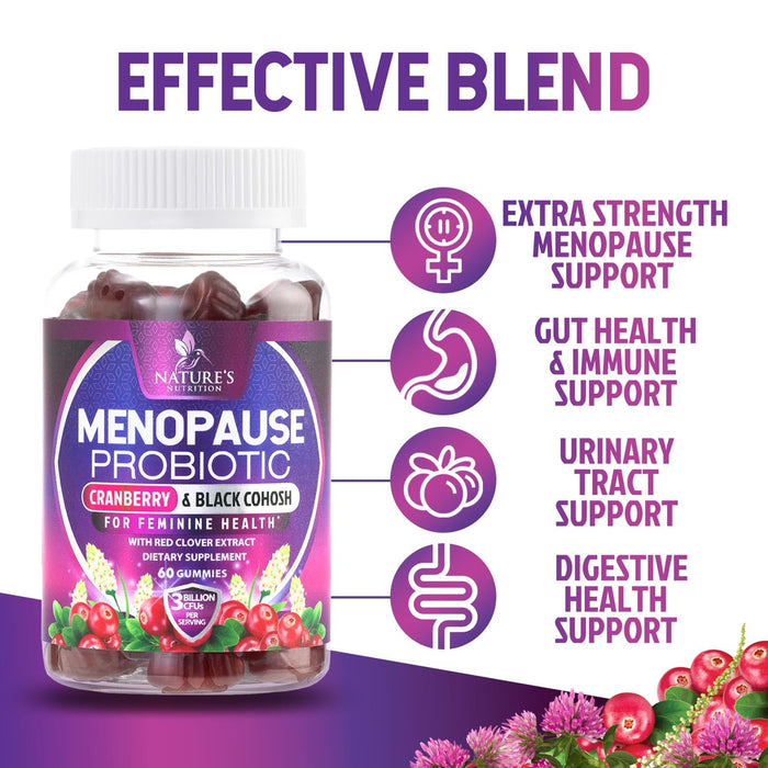 Menopause Probiotic for Women Gummy with Cranberry, 3 Billion CFU, Natural Menopause Relief for Hot Flashes, Night Sweats, PH Balance, Mood Swings, Immune Support, Probiotic Supplement - 60 Gummies