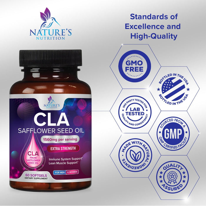 Conjugated Linoleic Acid CLA 1560mg - Extra Strength CLA Supplement Pills - Improve Body Composition & Lean Muscle Tone, Metabolism & Energy - Nature's Safflower Capsules, Non-GMO