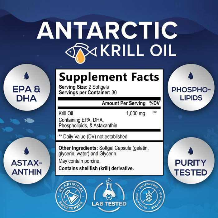 Krill Oil Omega 3 Supplement 1000 mg - Antarctic Krill Oil with Omega-3 EPA, DHA with Astaxanthin Sourced from Red Krill, Brain Health & Immune Support with Phospholipids - 30 Servings, 60 Softgels
