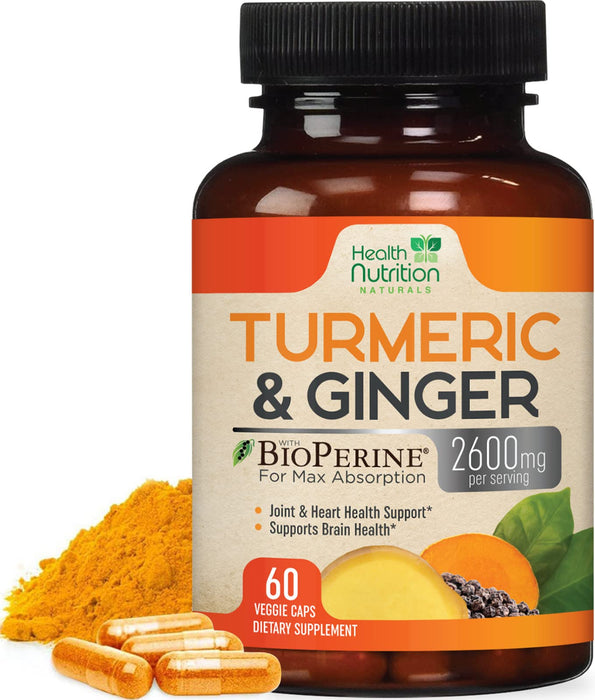 Health Nutrition Turmeric Curcumin 2600mg with Ginger & Black Pepper - 95% Standardized Curcuminoids, BioPerine for Max Absorption, Herbal Supplement for Joint Support, Tumeric Extract