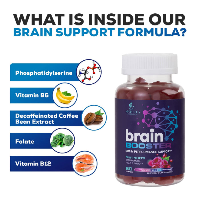 Nature's Nutrition Brain Supplement Gummy for Memory, Focus & Concentration Support Gummies Plus Nootropics, Phosphatidylserine & Vitamins B6 & B12 - Caffeine Free Nootropic Brain Health - 60 Gummies
