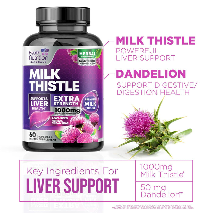 Milk Thistle Liver Cleanse Detox & Repair Formula 1000mg - Herbal Liver Supplement - Nature's Best Milk Thistle with Dandelion Root Extract & Silymarin Marianum, Supports Liver Health