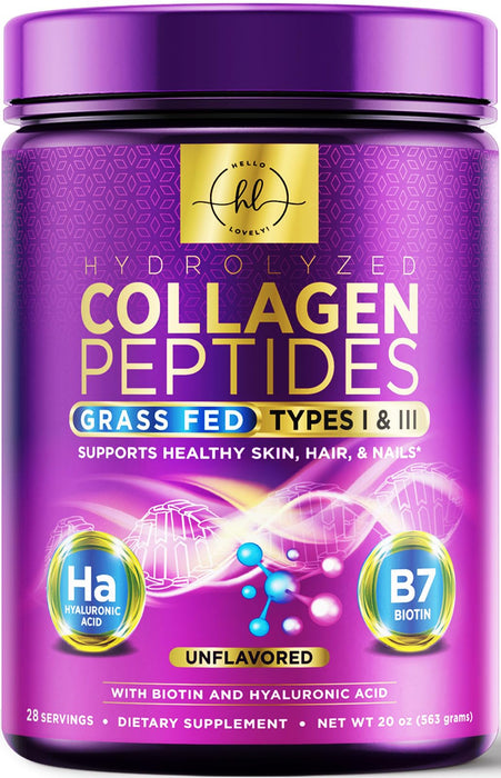 Collagen Peptides Powder With Hyaluronic Acid and Biotin, Unflavored 20g Grass Fed Collagen Powder for Women with Type I & III Collagen Supplements - Hair, Nail, Skin & Joint Support - 28 Servings