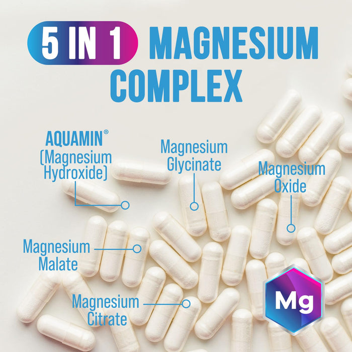 Magnesium Complex 500mg with Glycinate, Malate, Citrate, Oxide - High Absorption Chelated Magnesium Capsules - Dietary Supplement for Muscle, Heart, Bone Support