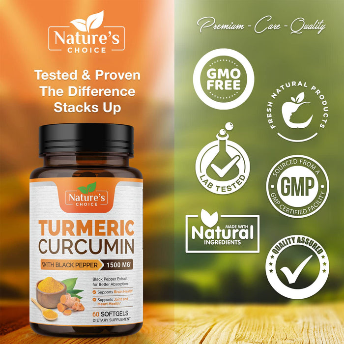 Turmeric Curcumin with Black Pepper Extract 1500mg, Advanced Absorption Tumeric Extract Liquid Softgels Herbal Supplement, Curcuminoids Antioxidant Joint Support for Women & Men, Non-GMO - 60 Softgels