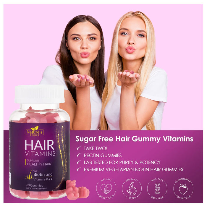 Hair Vitamins Gummies with Biotin 5000 mcg Vitamin E & C Support Hair Growth Gummy, Premium Vegetarian Non-GMO, for Stronger, Beautiful Hair, Skin & Nails, Biotin Gummies Supplement - 60 Gummy Bears