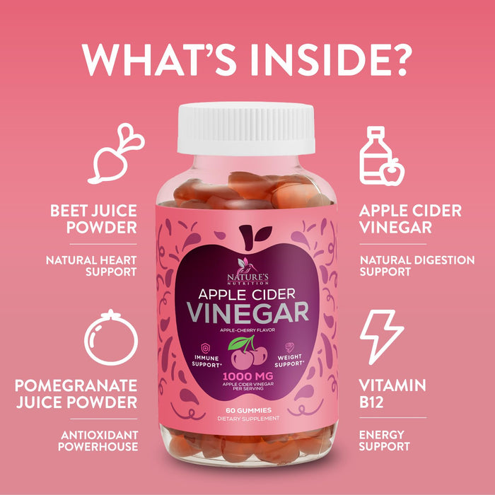 Nature's Nutrition - Vegan Apple Cider Vinegar Gummies 1000mg for Detox Cleanse - Natural Digestion & Immune Health Support, Vitamins B12, Folic Acid, ACV Gummy Supplement