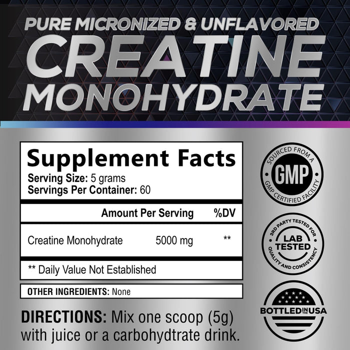 Pure Creatine 5000mg (5g) - Micronized Creatine Monohydrate Powder Unflavored, Keto Friendly - Creatine Pre Workout, Supports Muscle Building & Strength, Vegan, Keto, Gluten-Free - 60 Servings