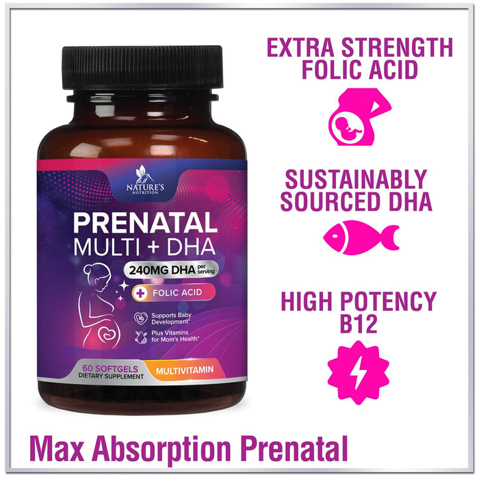 Women's Prenatal Multivitamin with Folic Acid & DHA, Prenatal Vitamins w/ Folate, Omega 3, Vitamins D3, B6, B12 & Iron, Pregnancy Support Prenatal Supplement, Non-GMO Gluten Free