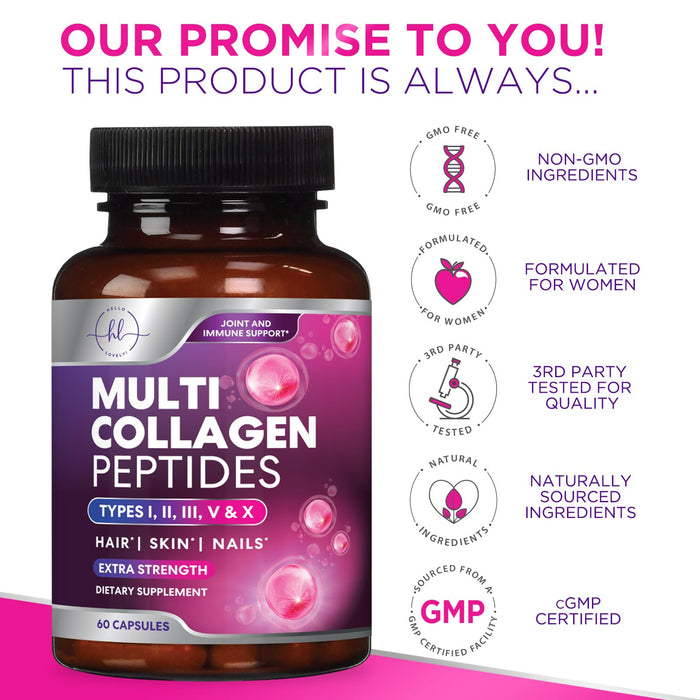 Multi Collagen Peptides, Hydrolyzed Collagen Protein for High Absorption, Type I, II, III, V, X Gluten Free, Radiant Hair, Skin, Nails & Joint Support, Collagen Pills Supplement Non-GMO