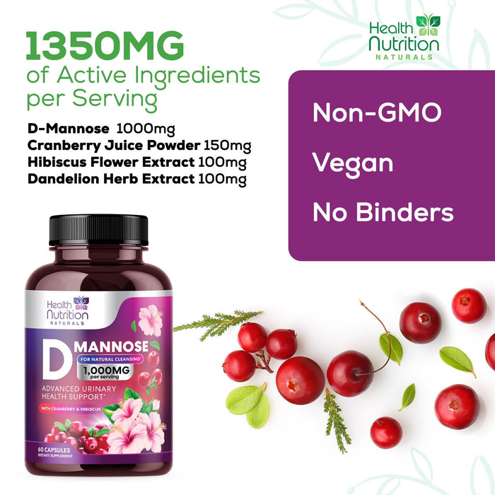 D-Mannose & Cranberry Extract 1350mg, Fast-Acting to Support Natural Urinary Tract Health for Women & Men, Non-GMO & Vegan, Flush & Cleanse Impurities in Urinary Tract & Bladder
