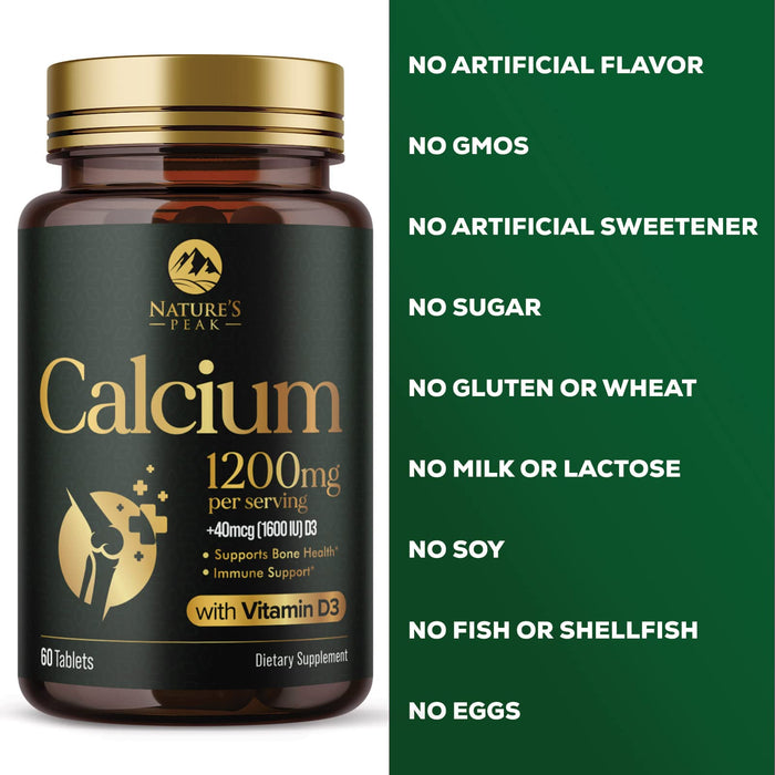 Nature's Calcium 1200 mg with Vitamin D3, Bone Health & Immune Support for Women & Men, Calcium Supplement Made with Extra Strength Vitamin D for Carbonate Absorption Dietary Supplement