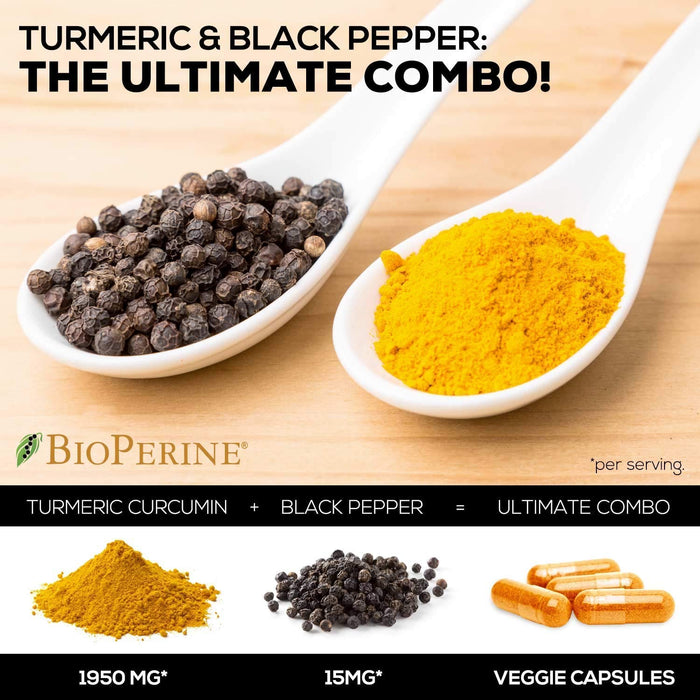 Turmeric Curcumin 95% High Potency Curcuminoids 1950mg with Bioperine Black Pepper for Best Absorption, Made in USA, Best Vegan Joint Support, Turmeric Capsules by PureTea