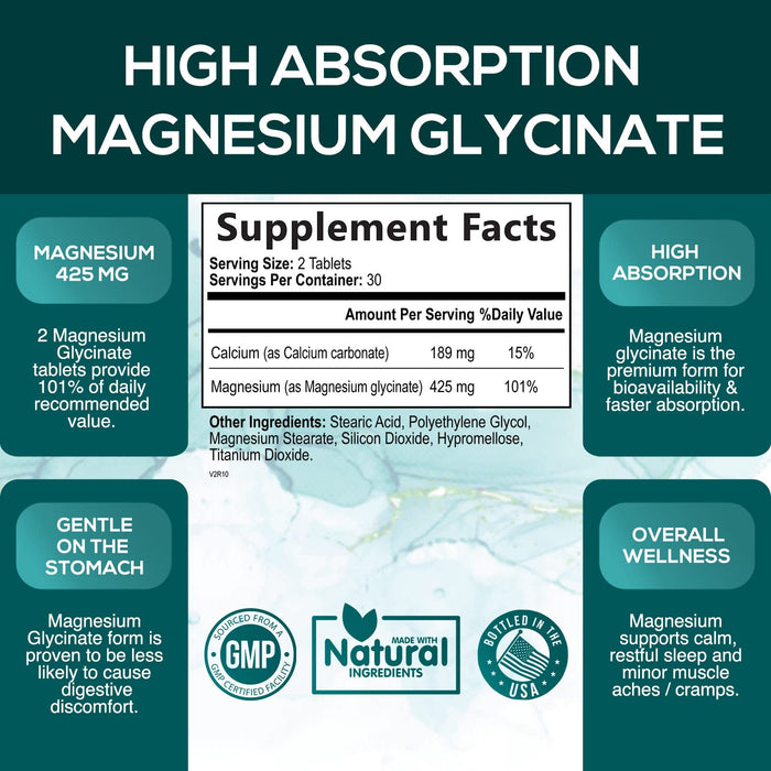 Magnesium Glycinate 425 mg with Calcium - Max Absorption Magnesium Tablets for Muscle, Nerve, Bone & Heart Health Support - Vegan, Non-GMO, Gluten Free Nature's Nutrition Supplement