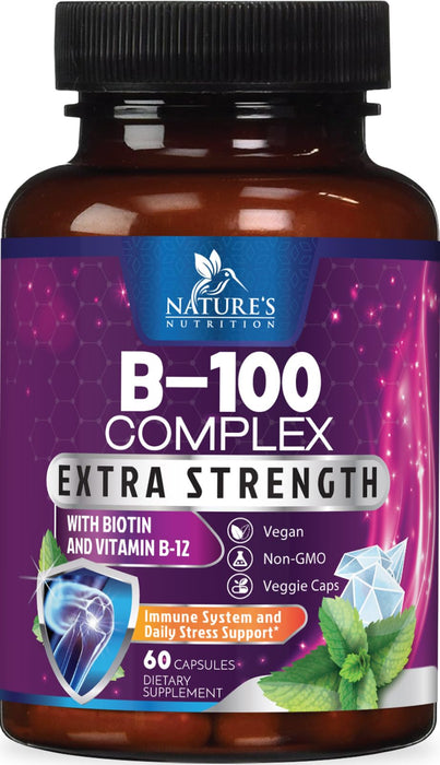 Vitamin B Complex with Vitamin C & Folic Acid - Dietary Supplement for Energy, Immune, & Brain Support - Nature's Super B Vitamin Complex for Women and Men, Made with Folate Capsules