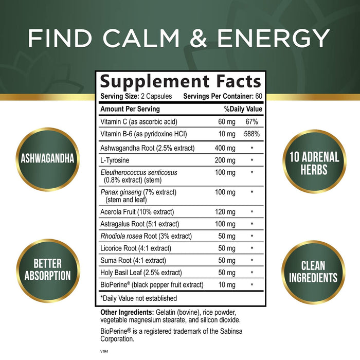 Adrenal Support Supplements & Cortisol Manager with Ashwagandha and 10 Herbs & Nutrients to Support Adrenal Function, Cortisol Health, Energy Levels, Stress & Relaxation Support & Sleep - 120 Capsules