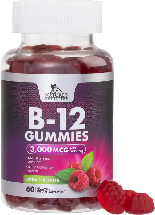 Vitamin B12 Gummies 3000 mcg, Extra Strength B 12 Gummy for Adults and Kids, B-12 Energy & Immune System Support Vitamins, Dietary Supplement, Raspberry Flavored
