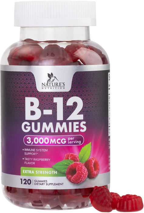 Vitamin B12 Gummies 3000 mcg, Extra Strength B 12 Gummy for Adults and Kids, B-12 Energy & Immune System Support Vitamins, Dietary Supplement, Raspberry Flavored