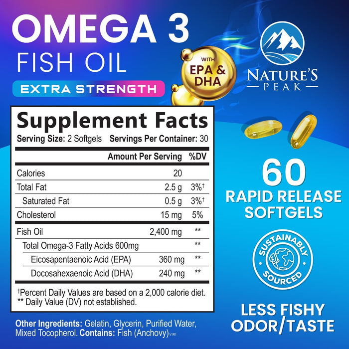 Triple Strength Omega 3 Fish Oil 2400 mg Softgels, Nature's Fish Oil Supplements, Brain & Heart Health Support - EPA & DHA, 1200 MG Fish Oil in Each Softgel, Omega-3 Supplement Softgels