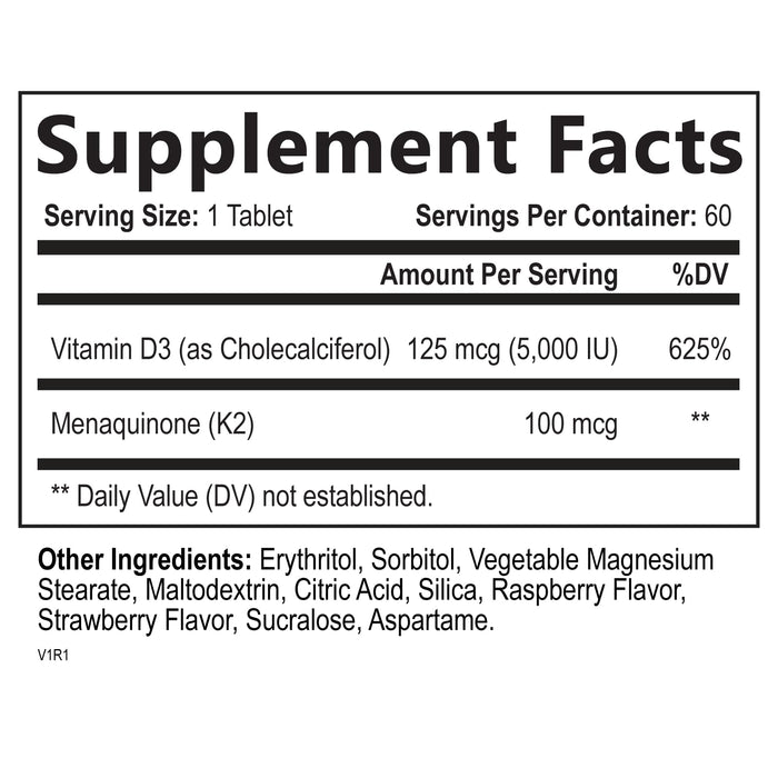 Nature's Peak D3 K2 Vitamin Supplement - 5000iu of D-3 & 100mcg of K2 as MK-7 Supports Calcium Absorption for Joints, Bones & Teeth Plus Immune Support - Non-GMO, Berry Flavor