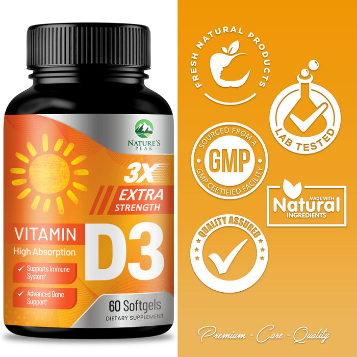 D Vitamin 5000 IU Vitamin D3 Softgels - High Potency D3 Vitamin for Bone Health, Muscle, & Immune Support - Extra Strength 125 mcg - Natures Non-GMO 5000iu D3 Supplement - 60 Softgels, 60 Day Supply