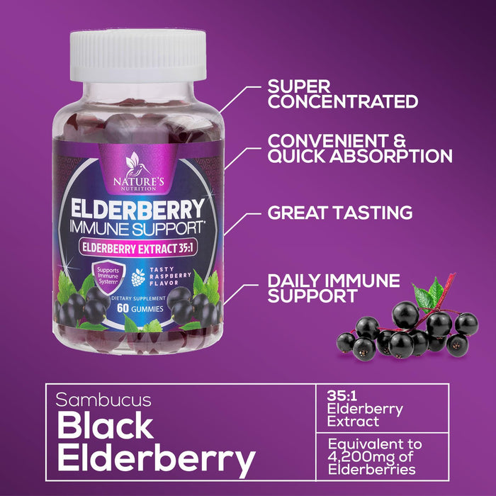 Nature’s Sambucus Elderberry Gummies, Immune Support for Kids and Adults, Max 35:1 Extract, Equivalent to 4200mg of Elderberries, Black Elderberry Vitamin Supplement, Vegan, Non-GMO