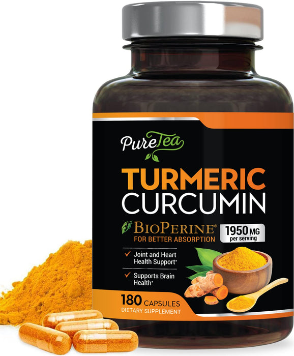 Turmeric Curcumin 95% High Potency Curcuminoids 1950mg with Bioperine Black Pepper for Best Absorption, Made in USA, Best Vegan Joint Support, Turmeric Capsules by PureTea