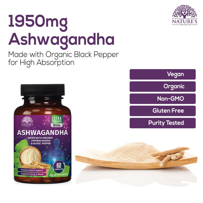 Organic Ashwagandha 1950 mg - Certified Organic Ashwagandha Supplements, Stress & Mood Support, Extra Strength Ashwaganda Capsules, Nature's Vegan Ashwaghanda, Non-GMO & Gluten Free