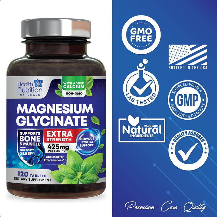 Magnesium Glycinate 425 mg with Calcium - Natural, High Absorption Magnesium Tablets Chelated for Muscle, Nerve, Bone & Heart Health Support - Non-GMO, Gluten Free, Vegan Supplement - 120 Tablets